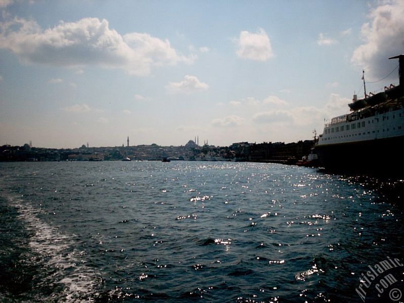 View of Karakoy coast from the Bosphorus in Istanbul city of Turkey.
