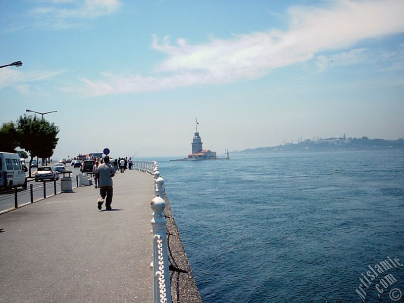 View of Kiz Kulesi (Maiden`s Tower) located in the Bosphorus from the shore of Uskudar in Istanbul city of Turkey.
