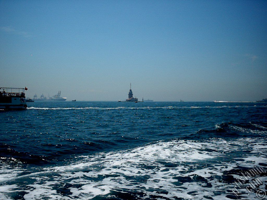 View of Kiz Kulesi (Maiden`s Tower) from the Bosphorus in Istanbul city of Turkey.
